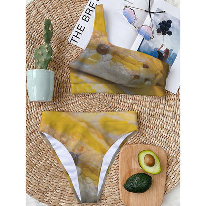 Yellow And White Python Snake Print One Shoulder Bikini Top