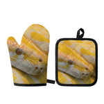 Yellow And White Python Snake Print Oven Mitt And Pot Holder Set