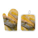 Yellow And White Python Snake Print Oven Mitt And Pot Holder Set