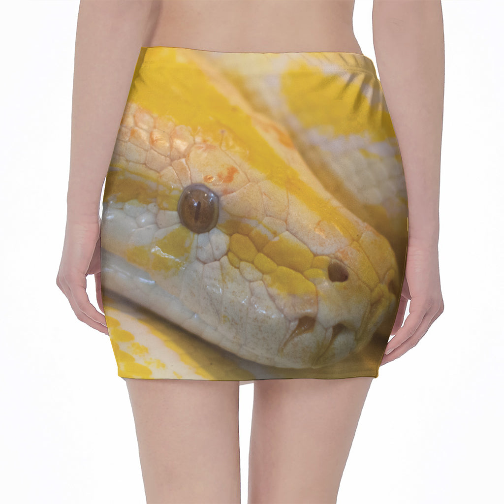Yellow And White Python Snake Print Pencil Mini Skirt