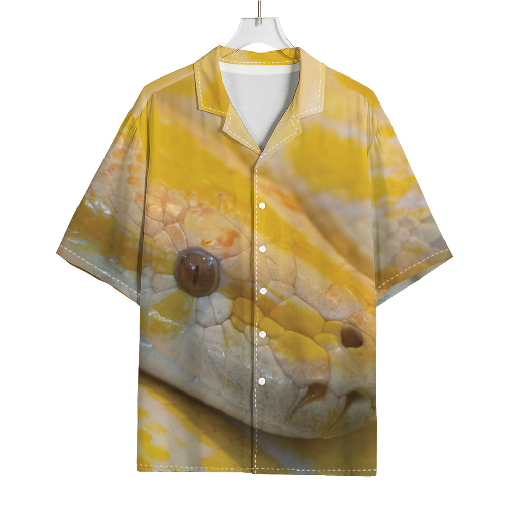 Yellow And White Python Snake Print Rayon Hawaiian Shirt