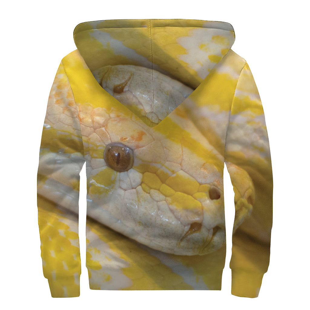 Yellow And White Python Snake Print Sherpa Lined Zip Up Hoodie