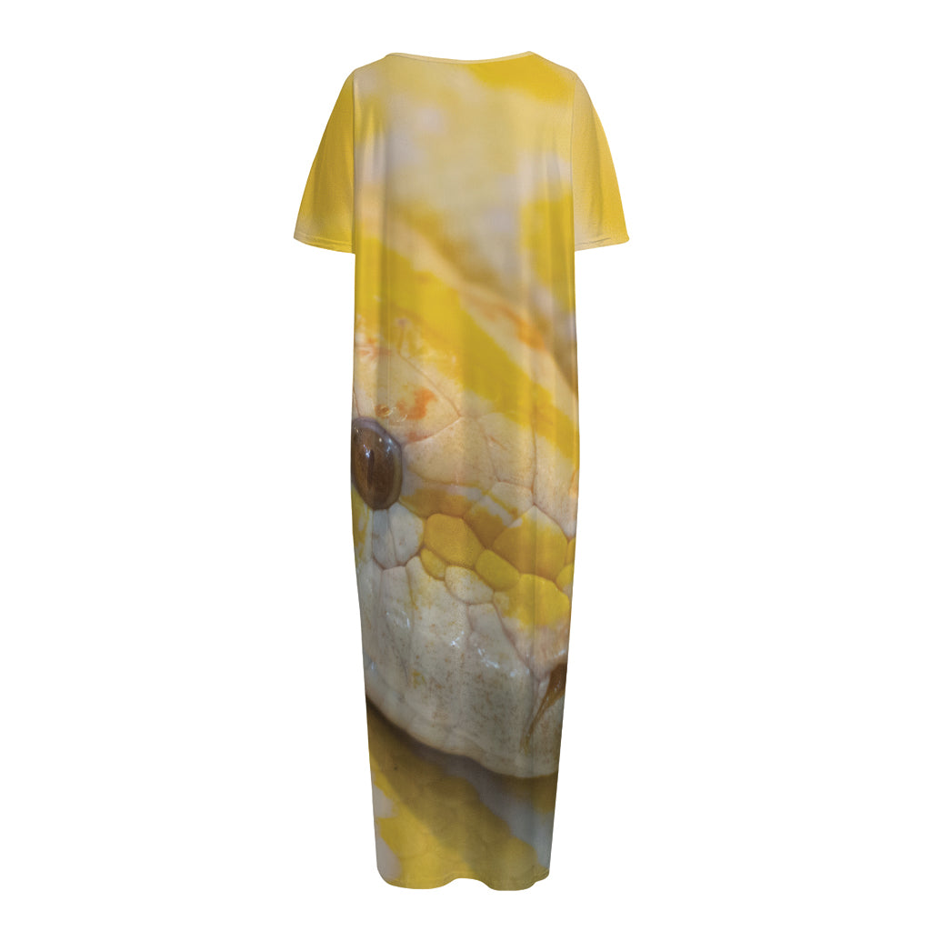 Yellow And White Python Snake Print Short Sleeve Long Nightdress