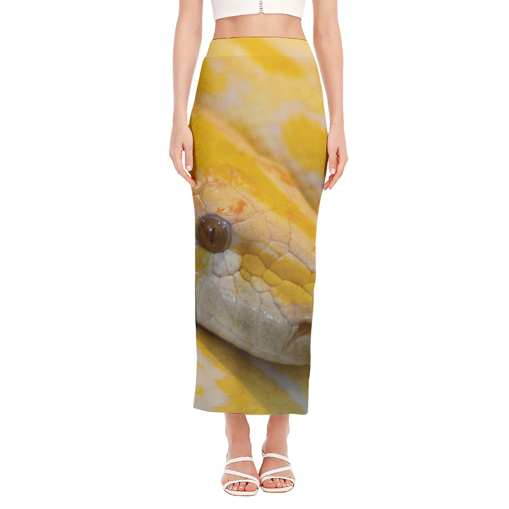 Yellow And White Python Snake Print Side Slit Maxi Skirt