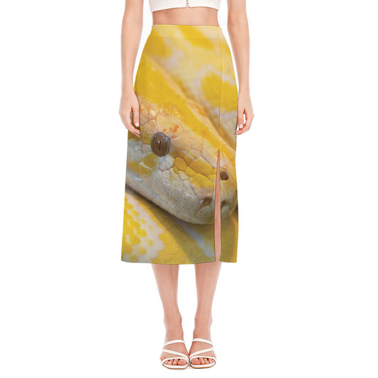 Yellow And White Python Snake Print Side Slit Midi Skirt
