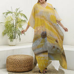 Yellow And White Python Snake Print Silk V-Neck Kaftan Dress