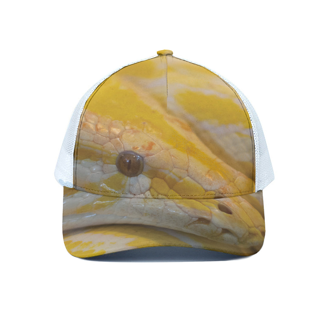 Yellow And White Python Snake Print White Mesh Trucker Cap