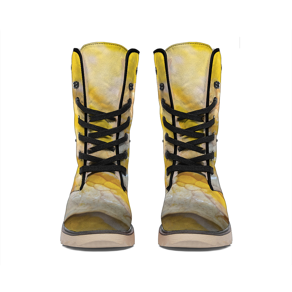 Yellow And White Python Snake Print Winter Boots