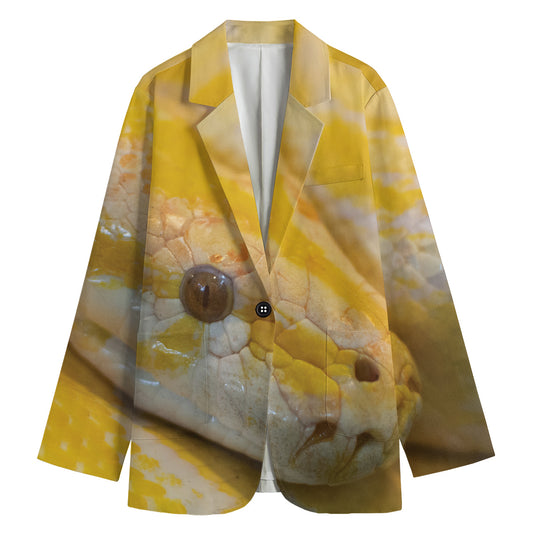 Yellow And White Python Snake Print Women's Cotton Blazer