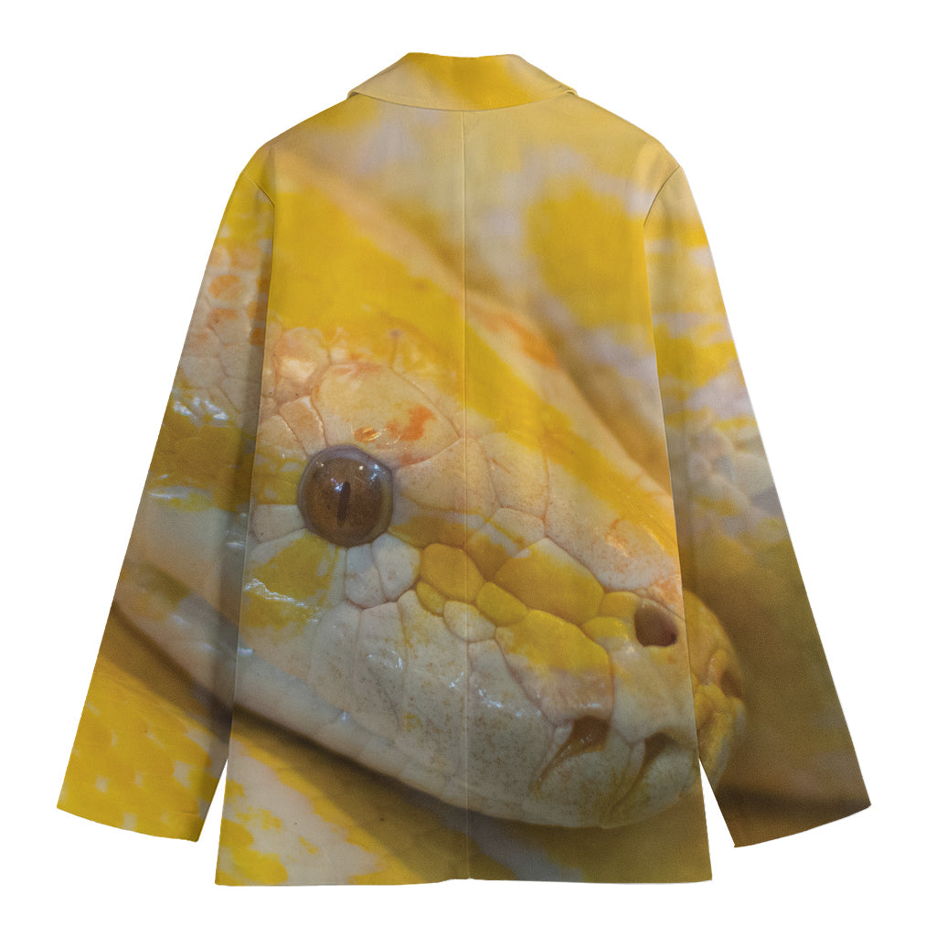 Yellow And White Python Snake Print Women's Cotton Blazer