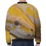 Yellow And White Python Snake Print Zip Sleeve Bomber Jacket