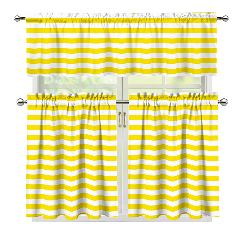 Yellow And White Striped Pattern Print 3 Piece Kitchen Curtains