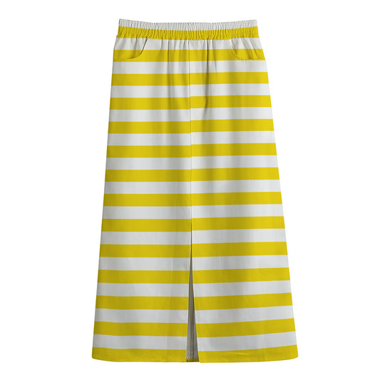 Yellow And White Striped Pattern Print Cotton Front Slit Maxi Skirt