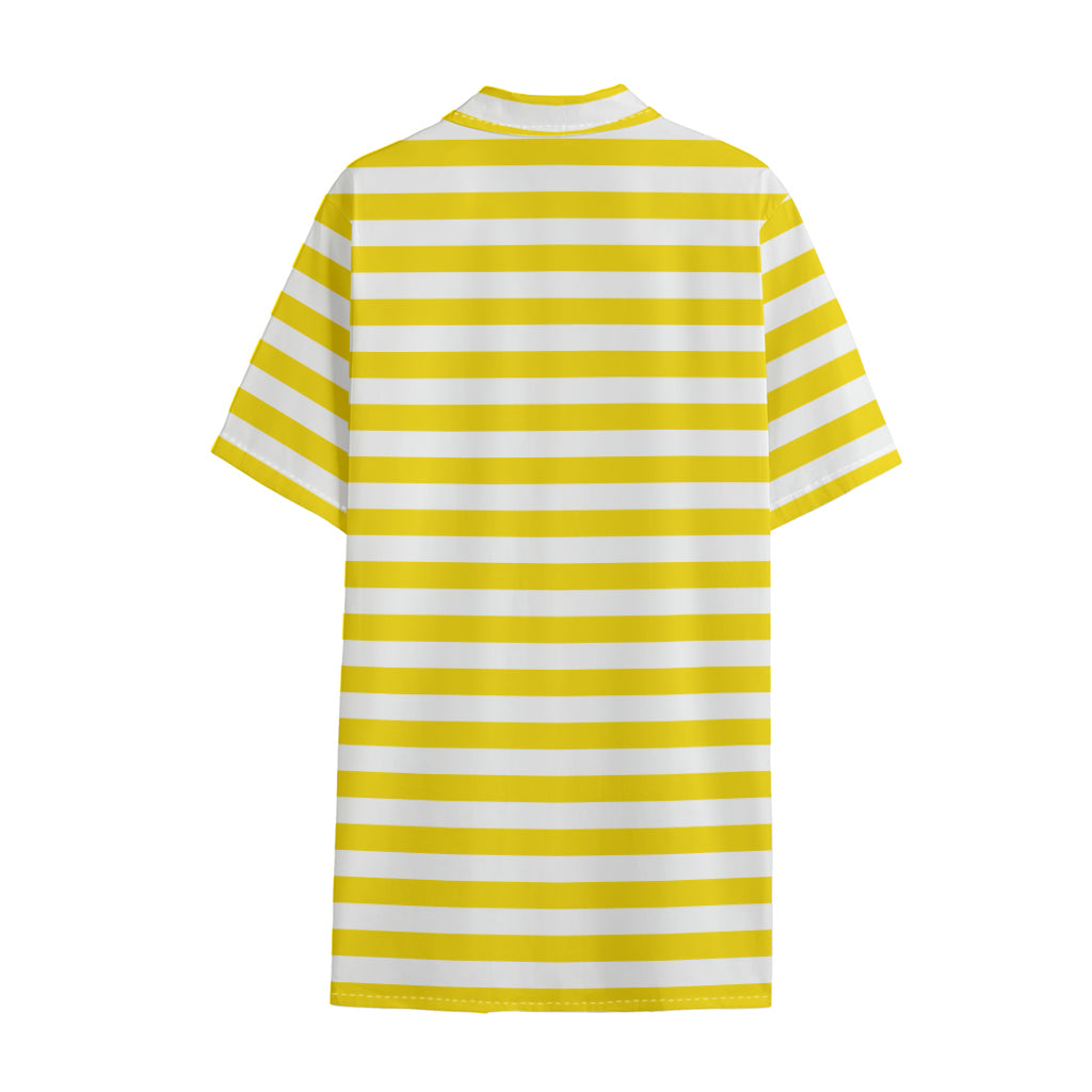Yellow And White Striped Pattern Print Cotton Hawaiian Shirt