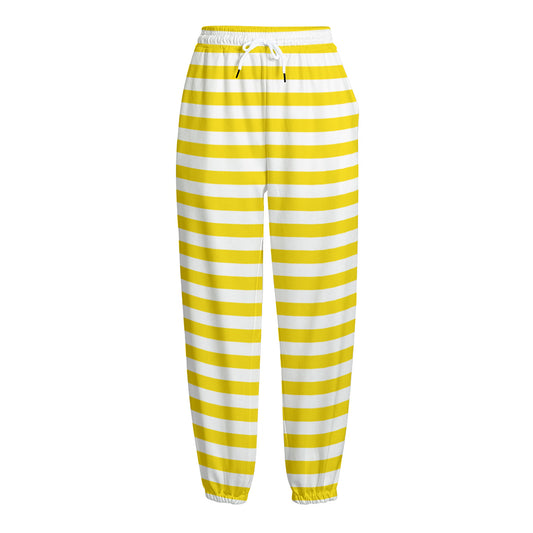 Yellow And White Striped Pattern Print Fleece Lined Knit Pants
