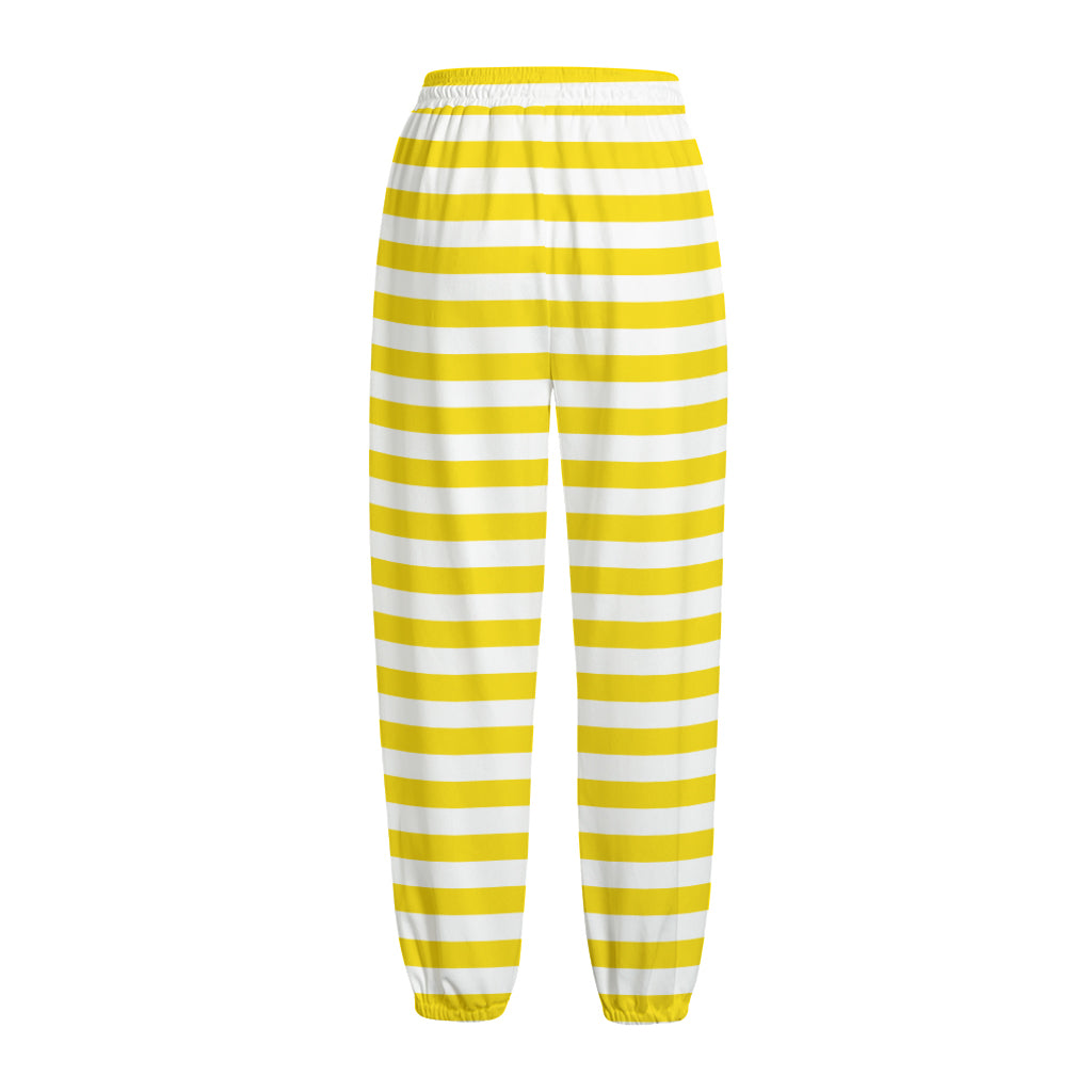 Yellow And White Striped Pattern Print Fleece Lined Knit Pants