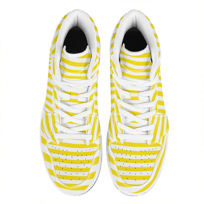 Yellow And White Striped Pattern Print High Top Leather Sneakers
