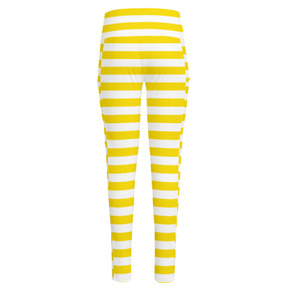 Yellow And White Striped Pattern Print High-Waisted Pocket Leggings