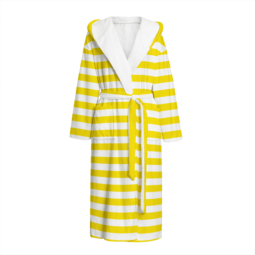 Yellow And White Striped Pattern Print Hooded Bathrobe