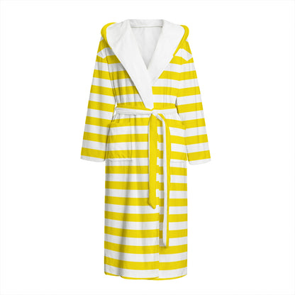 Yellow And White Striped Pattern Print Hooded Bathrobe