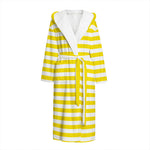 Yellow And White Striped Pattern Print Hooded Bathrobe