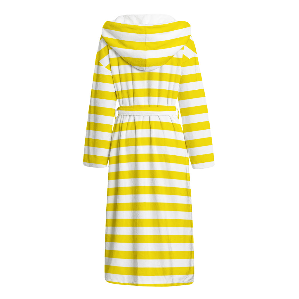 Yellow And White Striped Pattern Print Hooded Bathrobe