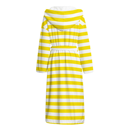 Yellow And White Striped Pattern Print Hooded Bathrobe