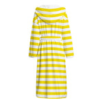 Yellow And White Striped Pattern Print Hooded Bathrobe