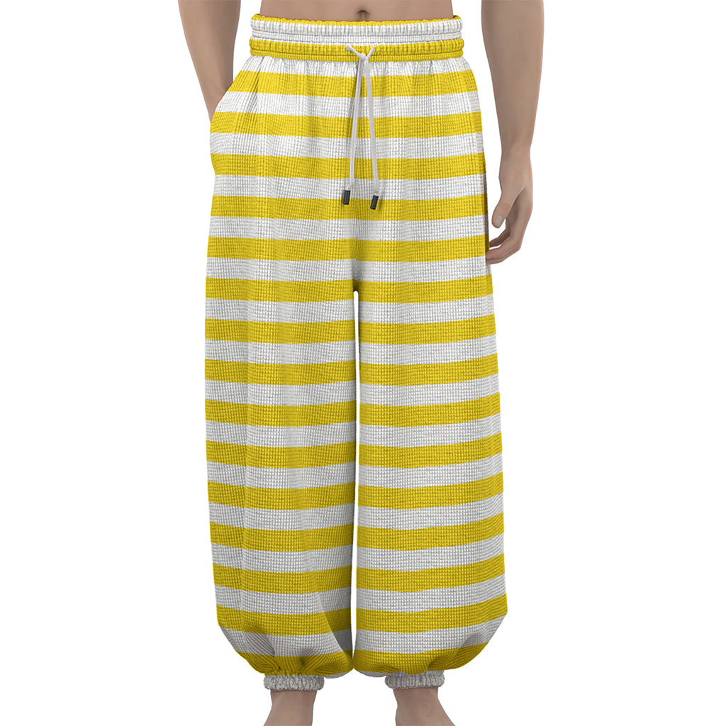 Yellow And White Striped Pattern Print Lantern Pants