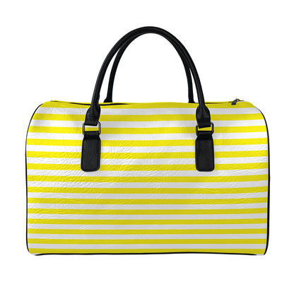 Yellow And White Striped Pattern Print Leather Duffle Bag
