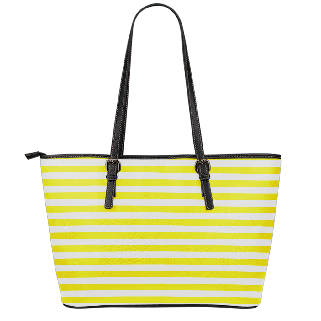 Yellow And White Striped Pattern Print Leather Tote Bag