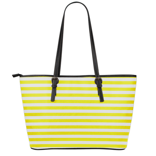 Yellow And White Striped Pattern Print Leather Tote Bag