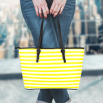 Yellow And White Striped Pattern Print Leather Tote Bag