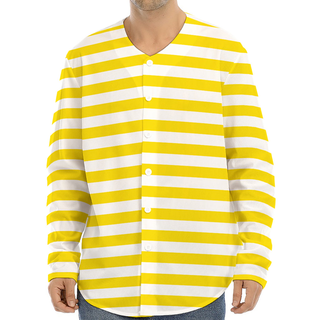 Yellow And White Striped Pattern Print Long Sleeve Baseball Jersey