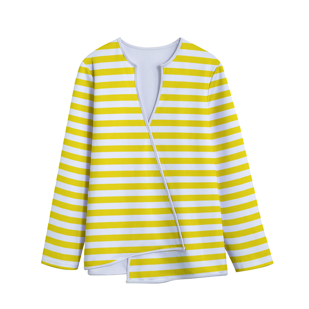 Yellow And White Striped Pattern Print Long Sleeve Short Coat