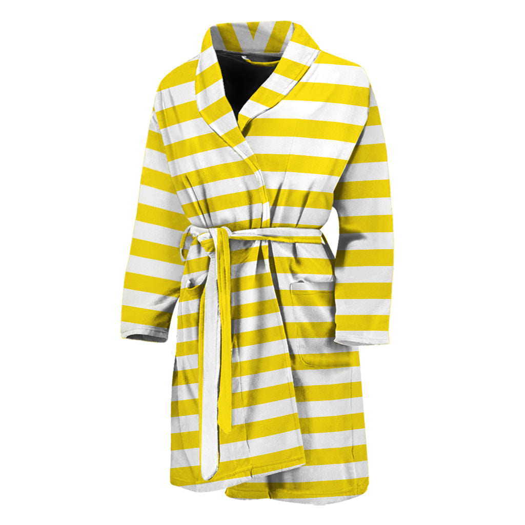 Yellow And White Striped Pattern Print Men's Bathrobe