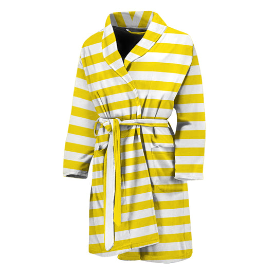 Yellow And White Striped Pattern Print Men's Bathrobe