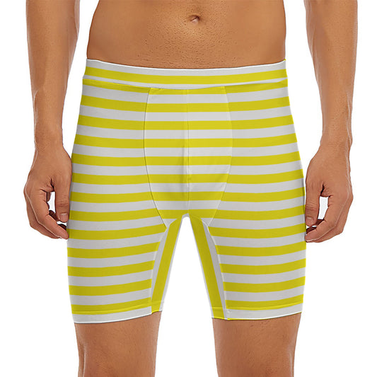 Yellow And White Striped Pattern Print Men's Long Boxer Briefs