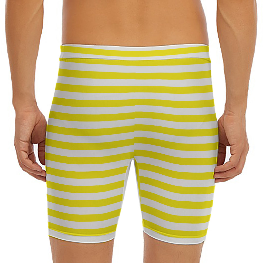 Yellow And White Striped Pattern Print Men's Long Boxer Briefs