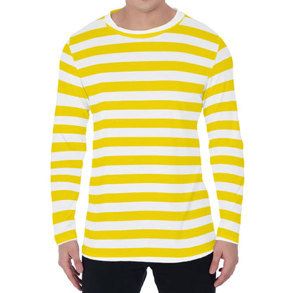 Yellow And White Striped Pattern Print Men's Long Sleeve T-Shirt