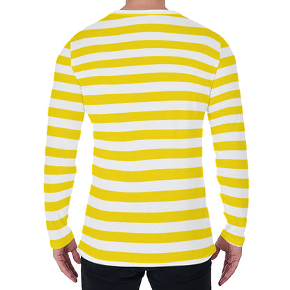 Yellow And White Striped Pattern Print Men's Long Sleeve T-Shirt