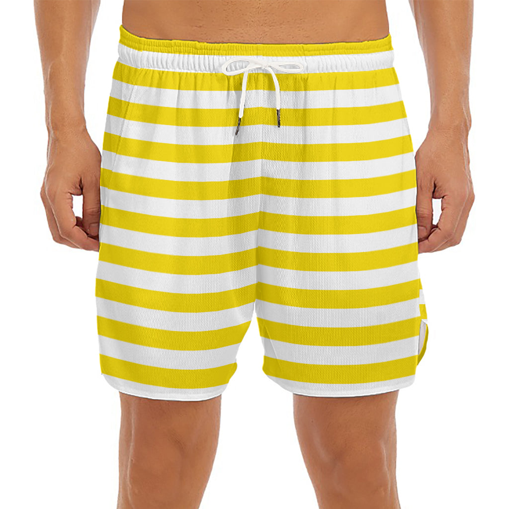 Yellow And White Striped Pattern Print Men's Split Running Shorts