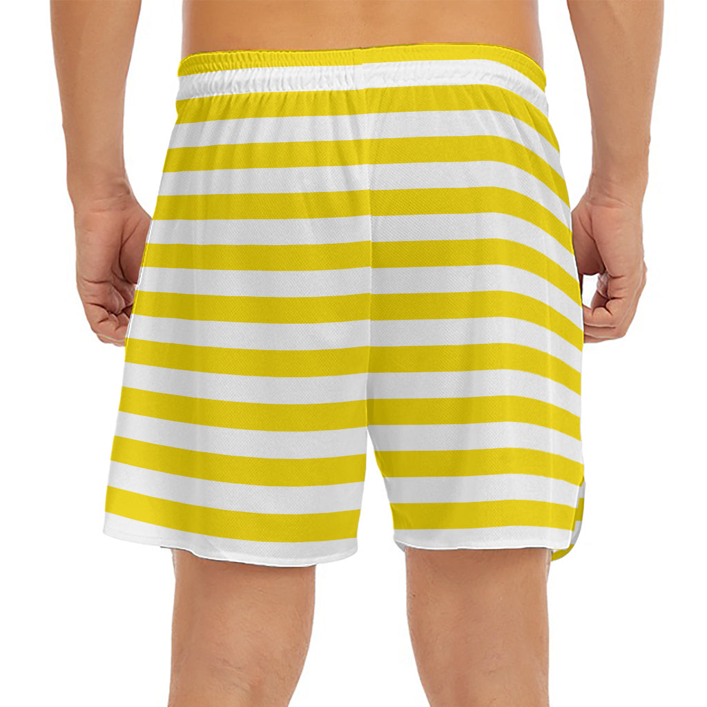 Yellow And White Striped Pattern Print Men's Split Running Shorts