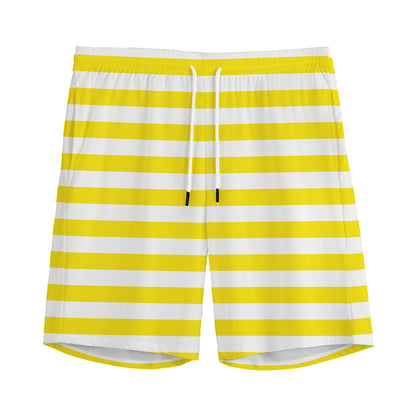 Yellow And White Striped Pattern Print Men's Sports Shorts