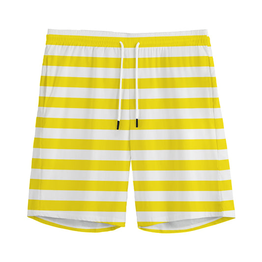 Yellow And White Striped Pattern Print Men's Sports Shorts