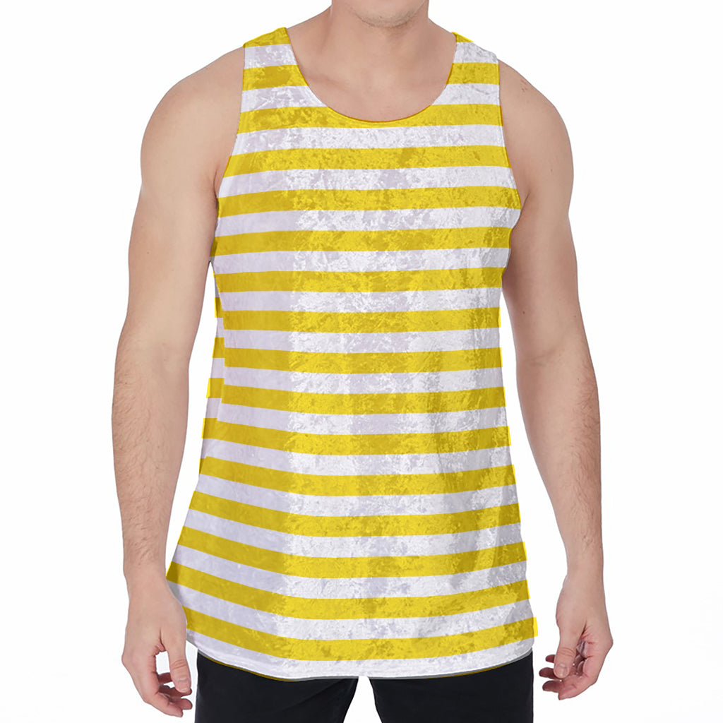 Yellow And White Striped Pattern Print Men's Velvet Tank Top