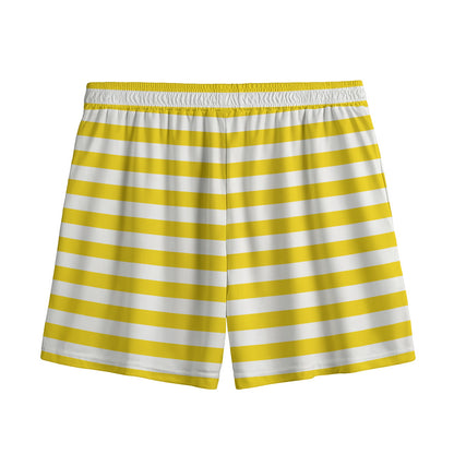Yellow And White Striped Pattern Print Mesh Shorts