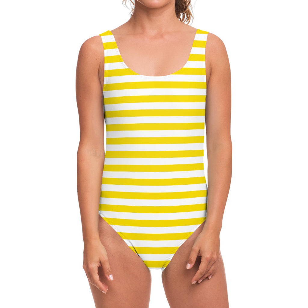 Yellow And White Striped Pattern Print One Piece Swimsuit