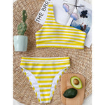 Yellow And White Striped Pattern Print One Shoulder Bikini Top