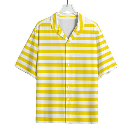 Yellow And White Striped Pattern Print Rayon Hawaiian Shirt